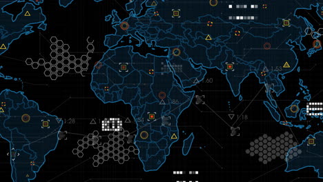 Animación-Del-Mapa-Mundial-Y-Procesamiento-De-Datos-Sobre-Fondo-Negro