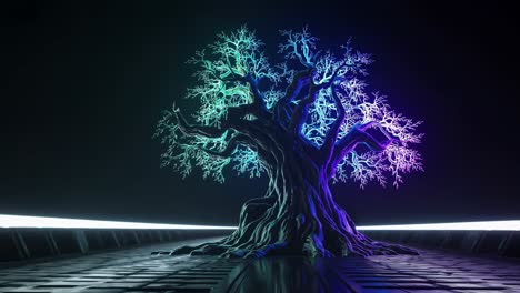 glowing neon tree in dark futuristic environment