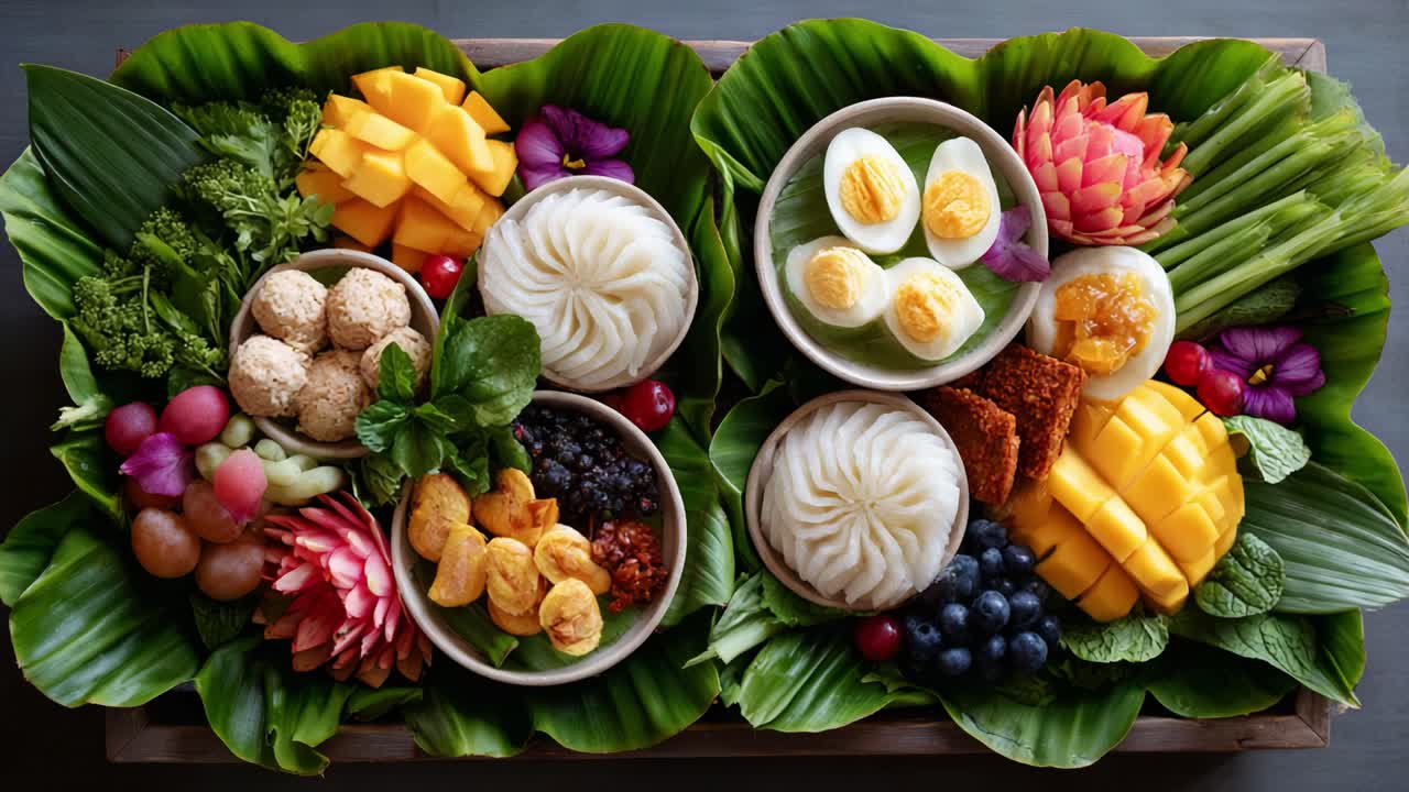 Vibrant Display of Fresh Fruits and Delicacies: A Colorful Arrangement of Exotic Flavors, Featuring Tropical Fruits, Decorative Leaves, and Savory Treats