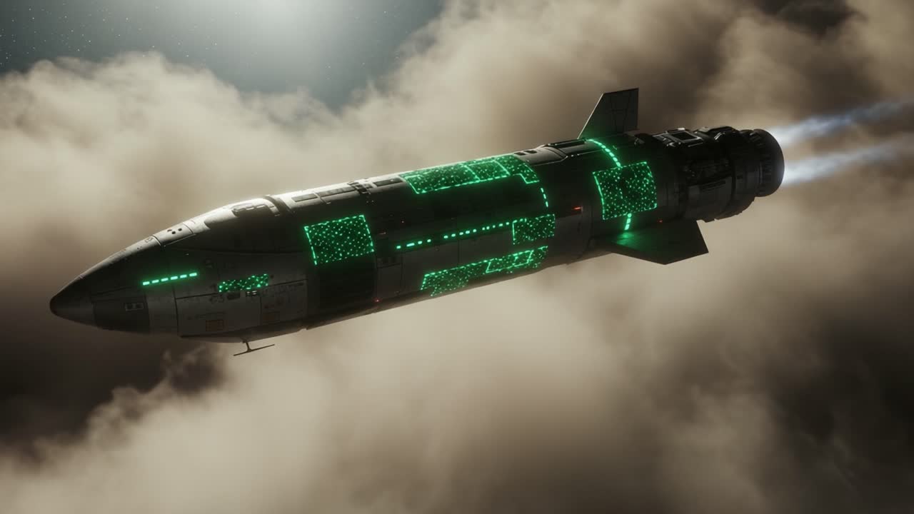 A Futuristic Rocket Ascends through Clouds, Illuminated by Green Lights, Representing Advanced Technology and Space Exploration in a Striking Celestial Scene