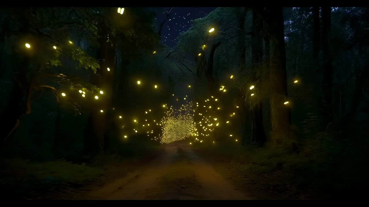 Glowing firefly swarm expanding from brightening core along dirt road at night, filling trees