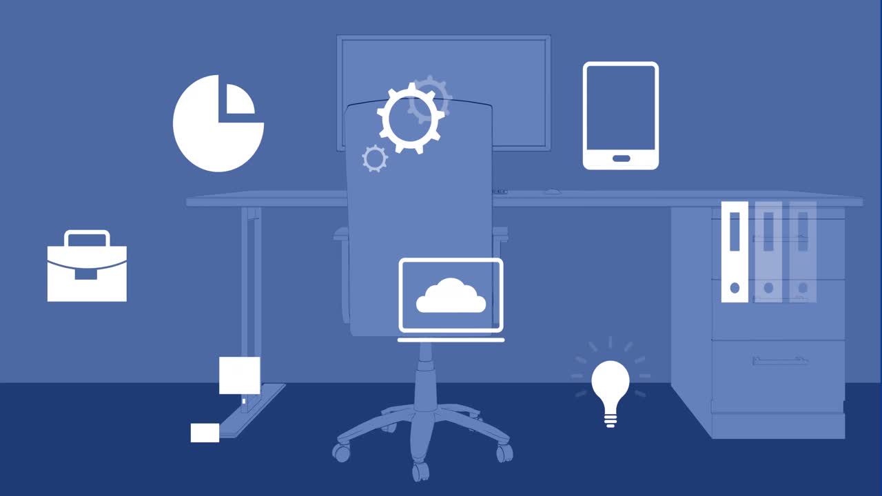 Animation of multiple digital icons floating against office desk