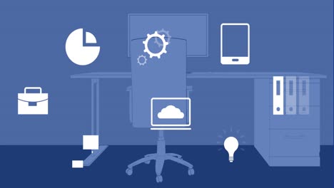 Animation-of-multiple-digital-icons-floating-against-office-desk