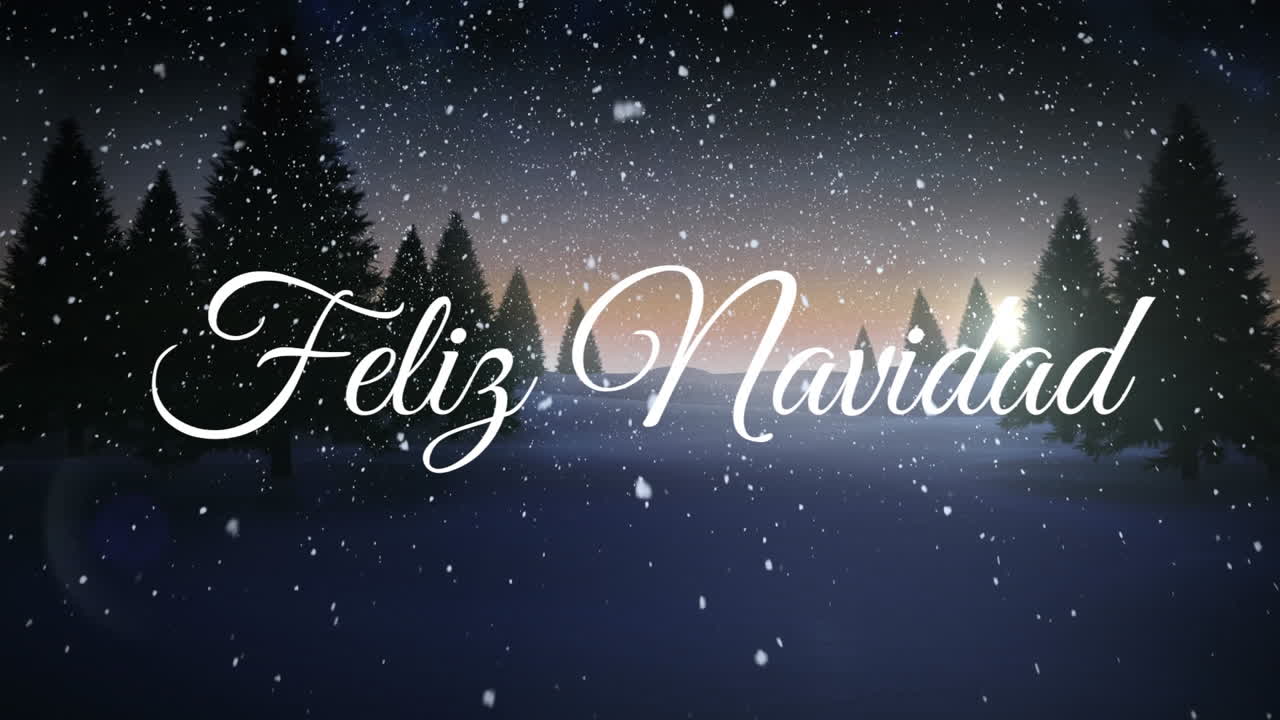 animación de felicidad navidad saludos de navidad texto sobre la nieve cayendo en el paisaje de invierno.