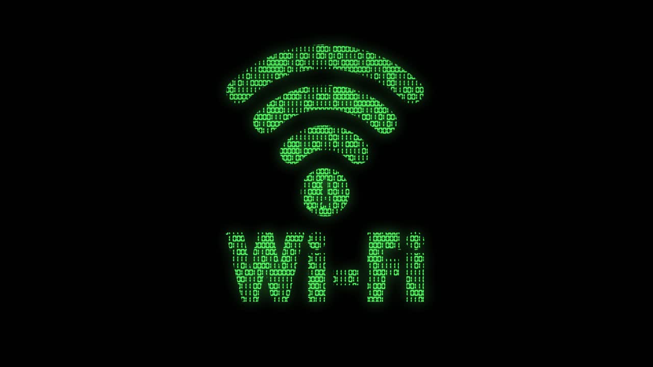 símbolo wifi clásico animado con textura de código binario animado en un esquema de color verde sobre un fondo negro