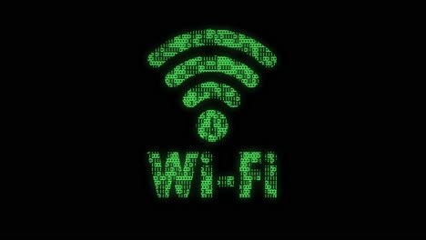 símbolo wifi clásico animado con textura de código binario animado en un esquema de color verde sobre un fondo negro