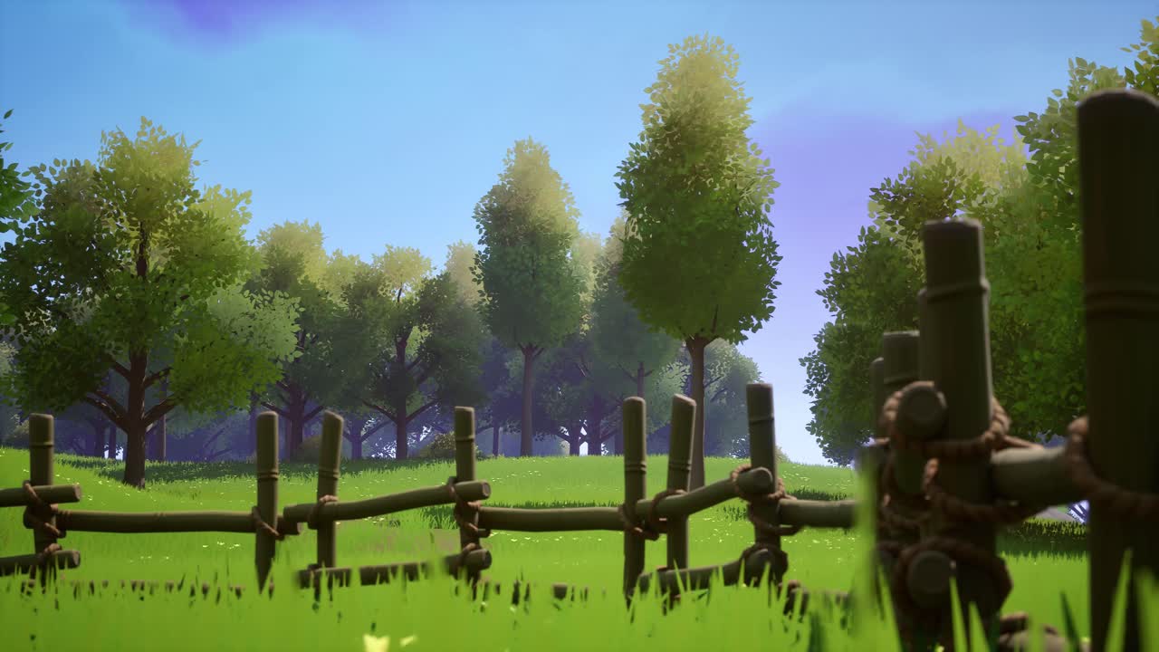 A Stylized forest scene with grass, flowers, trees, fence and wind effect, 3D cartoon style animation