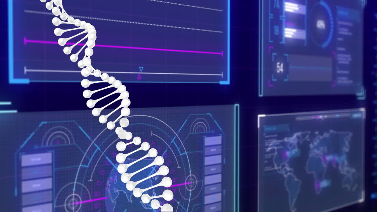 Animation of dna strand over data processing on black background