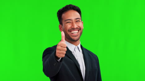 Thumbs-up,-smile-and-business-man-on-green-screen
