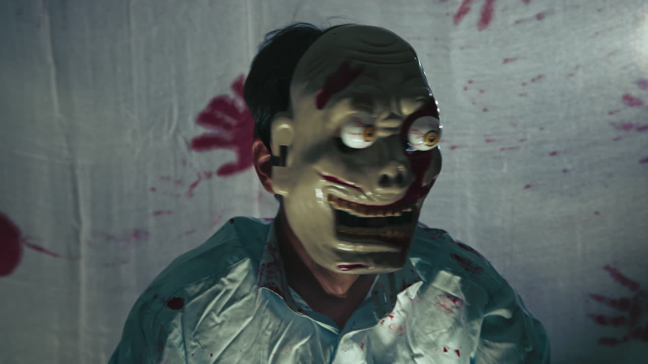 Man With Monster Mask Looks Left And Right On Halloween Night Crash Zoom