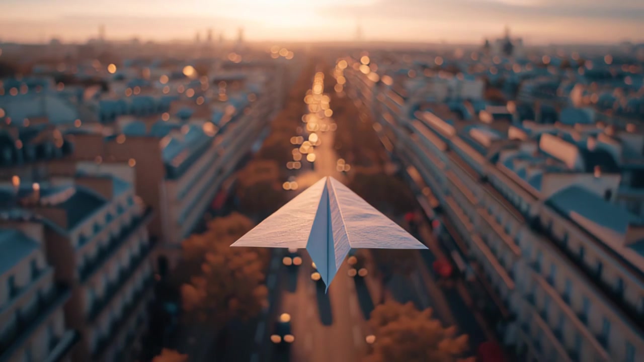 Primer plano de un avión de papel planeando sobre un bulevar urbano a la hora dorada, con poca profundidad de campo y semáforos borrosos, simbolizando viaje y libertad.