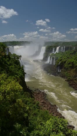 vertical iguazu falls waterfall landscape, nature and scenery of iguacu falls showing argentina side from brazil side of iguazu falls, vertical video for social media instagram reels and tiktok