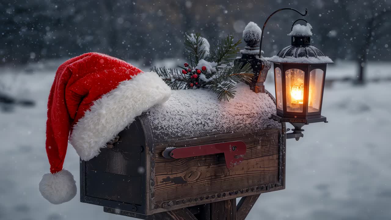 Receiving snow, mailbox holding Santa hat and evergreen for holidays, lantern glowing on roadside