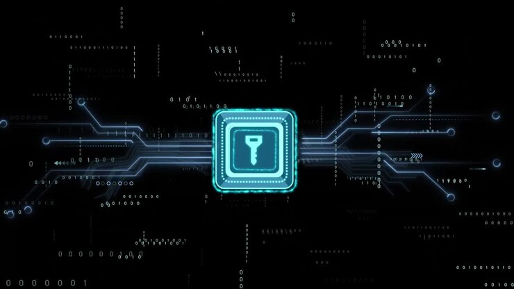 Animation of ai data processing over key and dark background