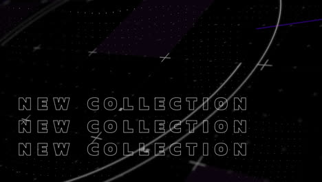 animation of new collection text over white and purple shapes