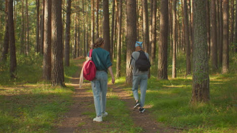 excursionistas caminando por el sendero panorámico del bosque, una con una bufanda azul ajustando juguetosamente la bolsa negra en la espalda mientras otros de verde la miran, la luz del sol se filtra a través de los árboles