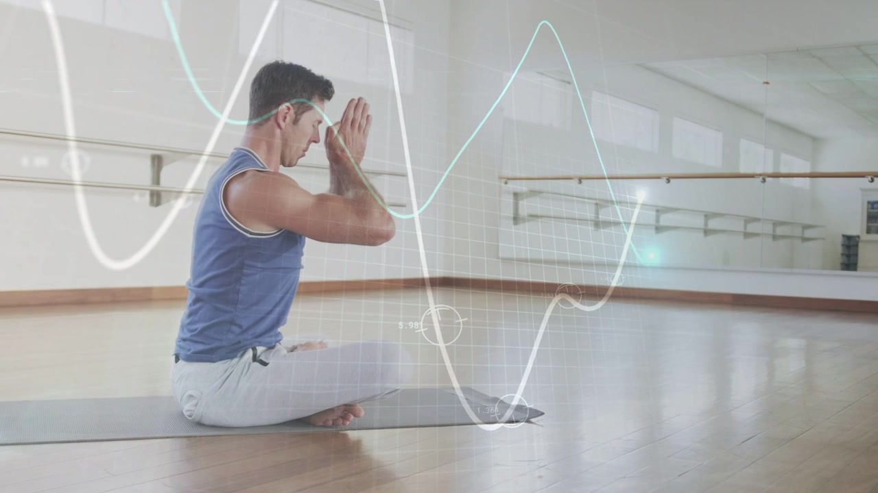 Yogi masculino sentado em um tapete cinza, uma forma de onda surgindo e guiando as mãos em posição de oração para cima, centralizando a respiração