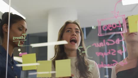 grupo diverso de compañeras de trabajo brainstorming de pie junto a una pared de vidrio