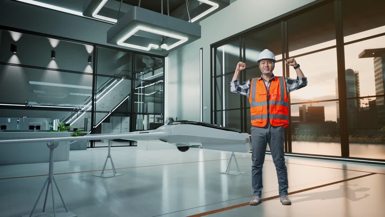 Full Body Of Asian Male Engineer With Safety Helmet Flexing His Bicep And Smiling To Camera While Standing With Drone Project