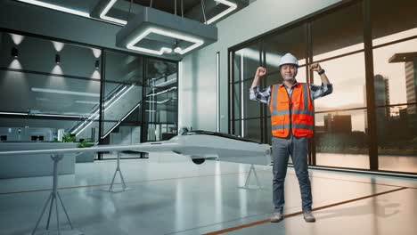 cuerpo lleno de ingeniero masculino asiático con casco de seguridad flexionando su bíceps y sonriendo a la cámara mientras está de pie con el proyecto de drones