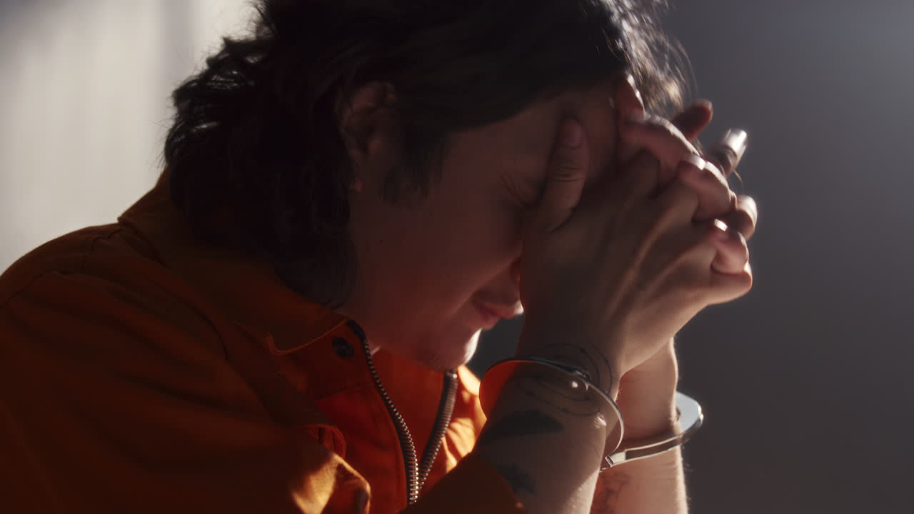 Inmate in Handcuffs Recounting Crime in Interrogation Room