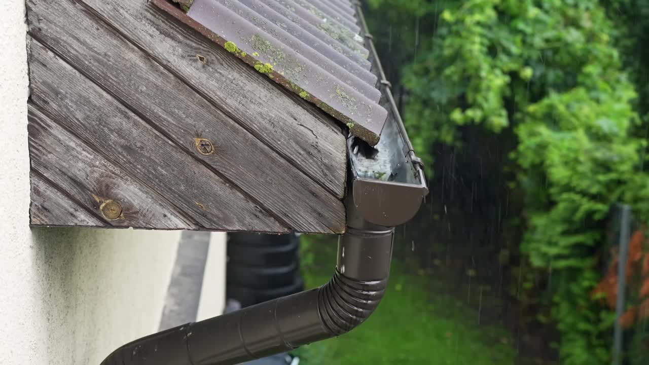 Close-up of rainwater flowing from a roof gutter during a storm