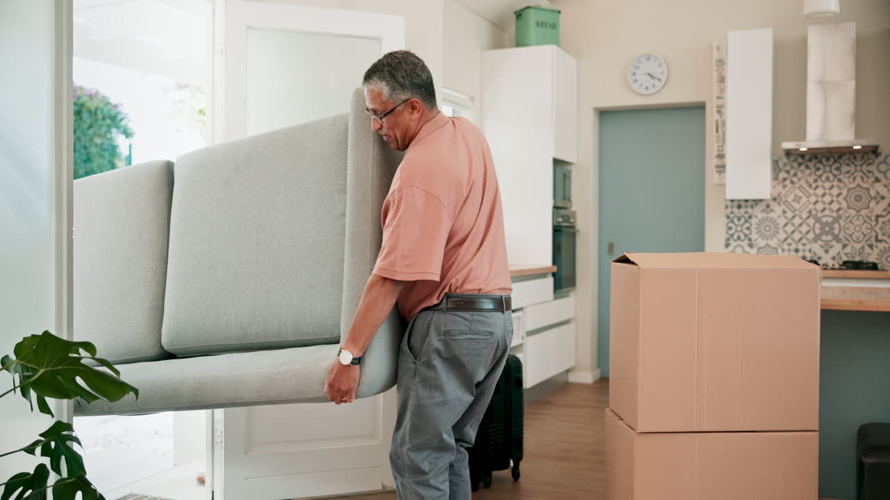 ayuda, mudanza y sofá con la familia en el nuevo hogar