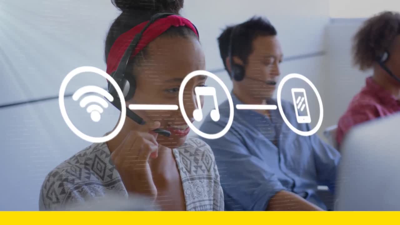 Animation of three digital icons over woman using phone headset