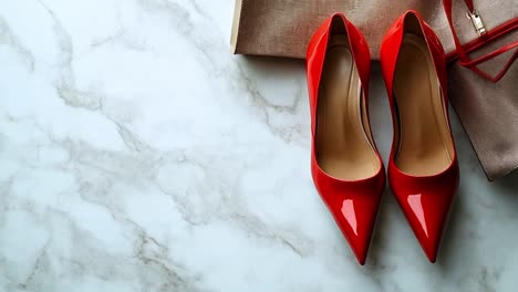 elegant red high heels and handbag on a marble background