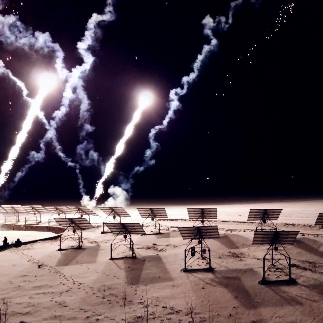 Christmas Firework display. Aerial view beautiful fireworks show in the night sky.