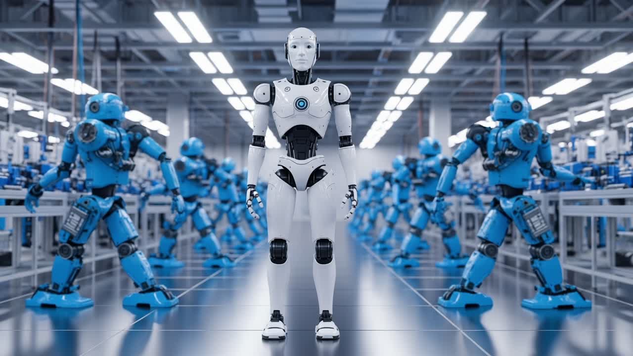 A Futuristic Robotics Manufacturing Facility Showcasing Advanced Humanoid Robots Amongst Other Autonomous Machines in a High-Tech Environment