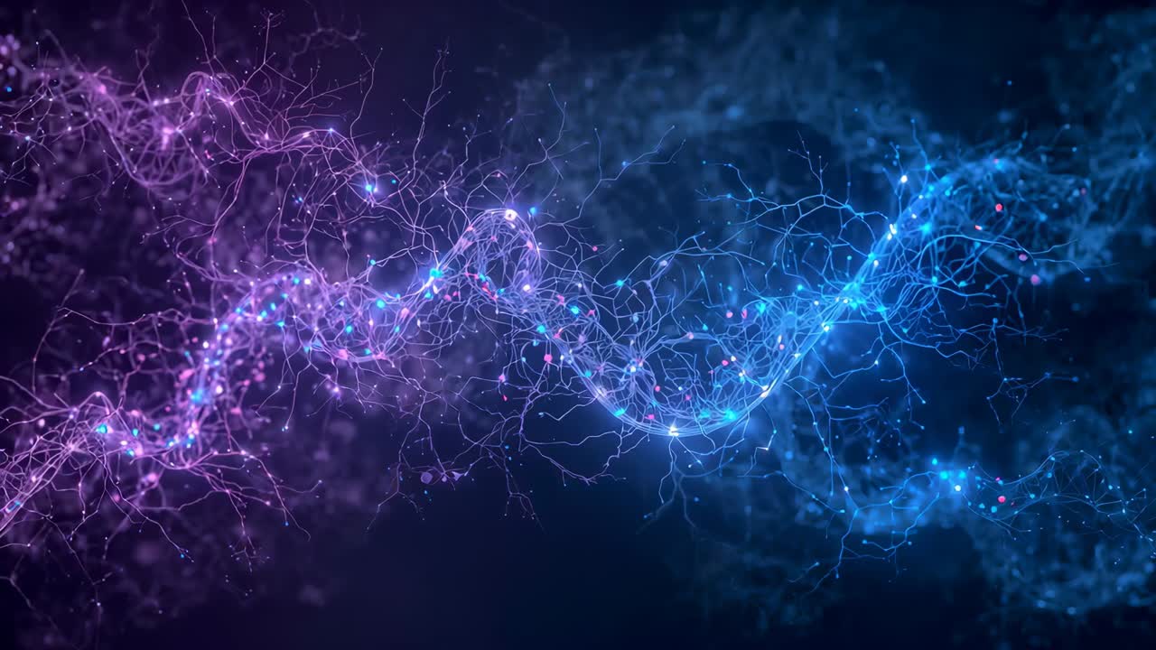 Opening frame two particle strands moving into purple digital center forming band emitting motes