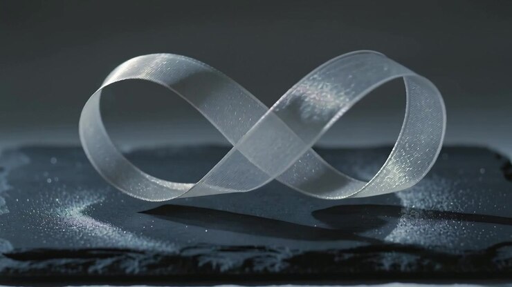Shifting frosted ribbon rotating, lifting on slate tray while side light casting powder highlights