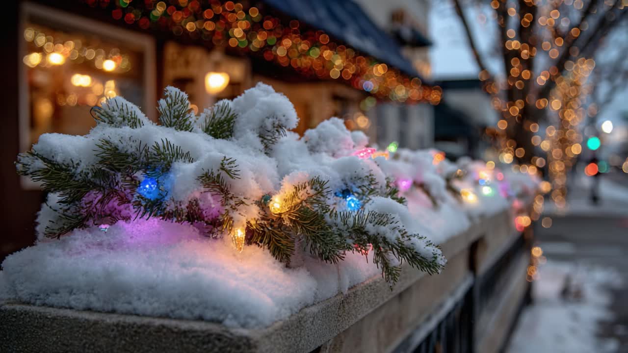 Beautifully Decorated Snow-Covered Garland Adorned with Colorful Lights, Creating a Magical Winter Atmosphere Outside a Cozy Building