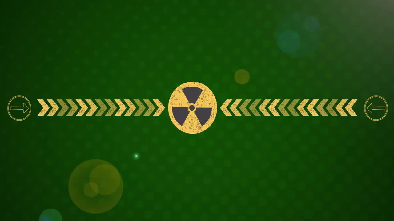 녹색 바탕에 화살표 애니메이션으로 된 방사선 위험 기호