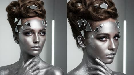 striking futuristic beauty: a glimpse into a dazzling elegant transformation showcasing metallic makeup and artistic hair design with intricate mirror accents