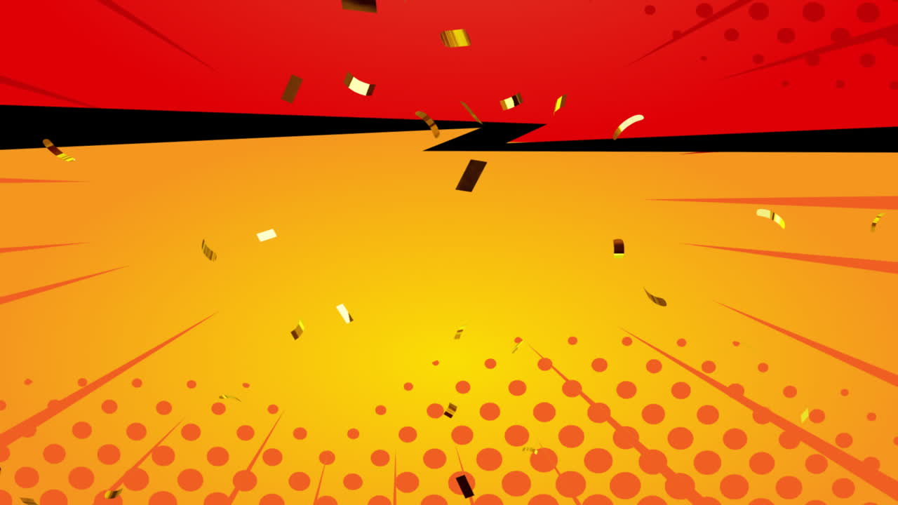 confeti cayendo sobre animación de estilo cómic con fondo rojo y amarillo