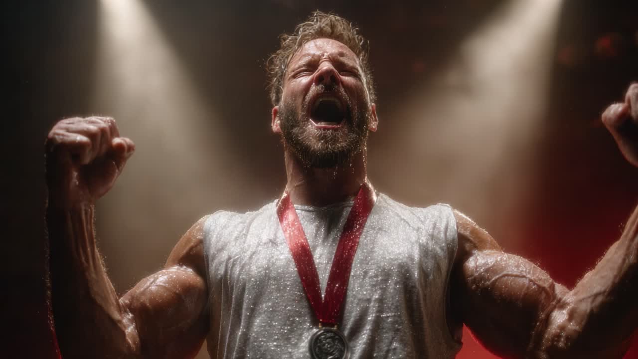 An Inspiring Moment of Triumph: A Celebratory Athlete Raises Their Arms in Victory After Achieving a Major Athletic Milestone While Wearing a Medal