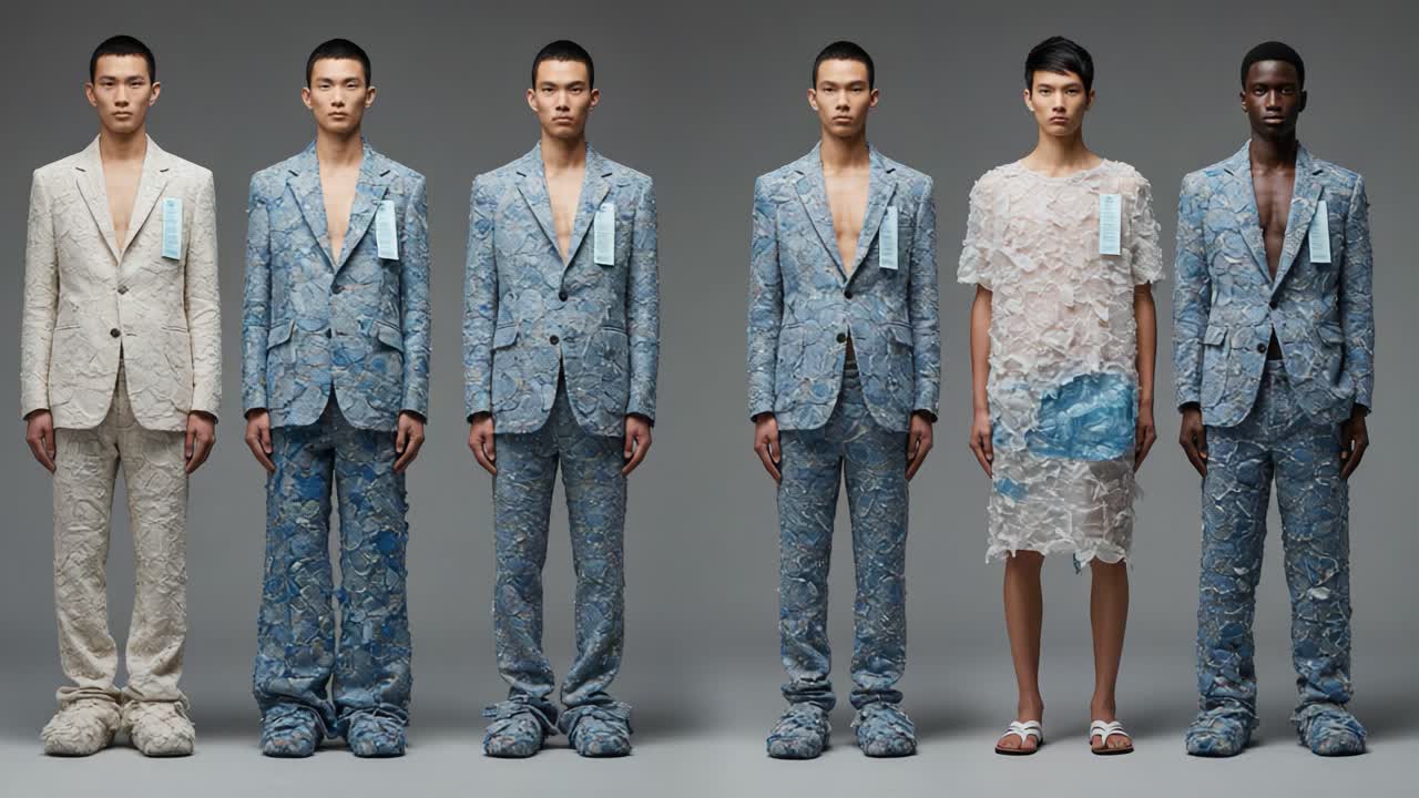 Fashion Showcase of Contemporary Male Models in Unique Outfits Featuring Floral Patterns and Textured Fabrics, Highlighting Evolving Styles and Details
