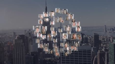 animation of network of connections with people photos over cityscape