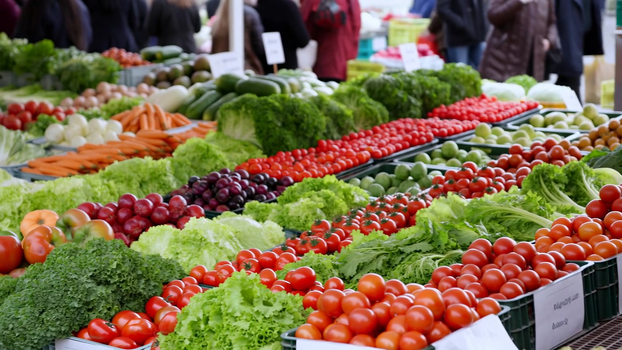 Nahaufnahme eines lebhaften Bauernmarktstandes mit einer Anordnung von frischem Gemüse, darunter Salat, Tomaten und Karotten, präsentiert in Plastikkisten und verziert mit Papier.