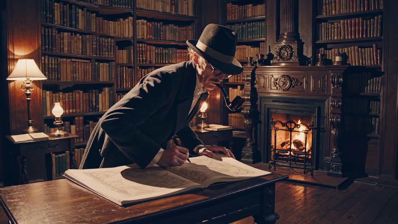 Vintage-style video of a man in a hat writing in a large book in a cozy library