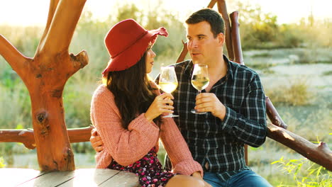 beautiful caucasian couple in sun flares clinking glasses with wine