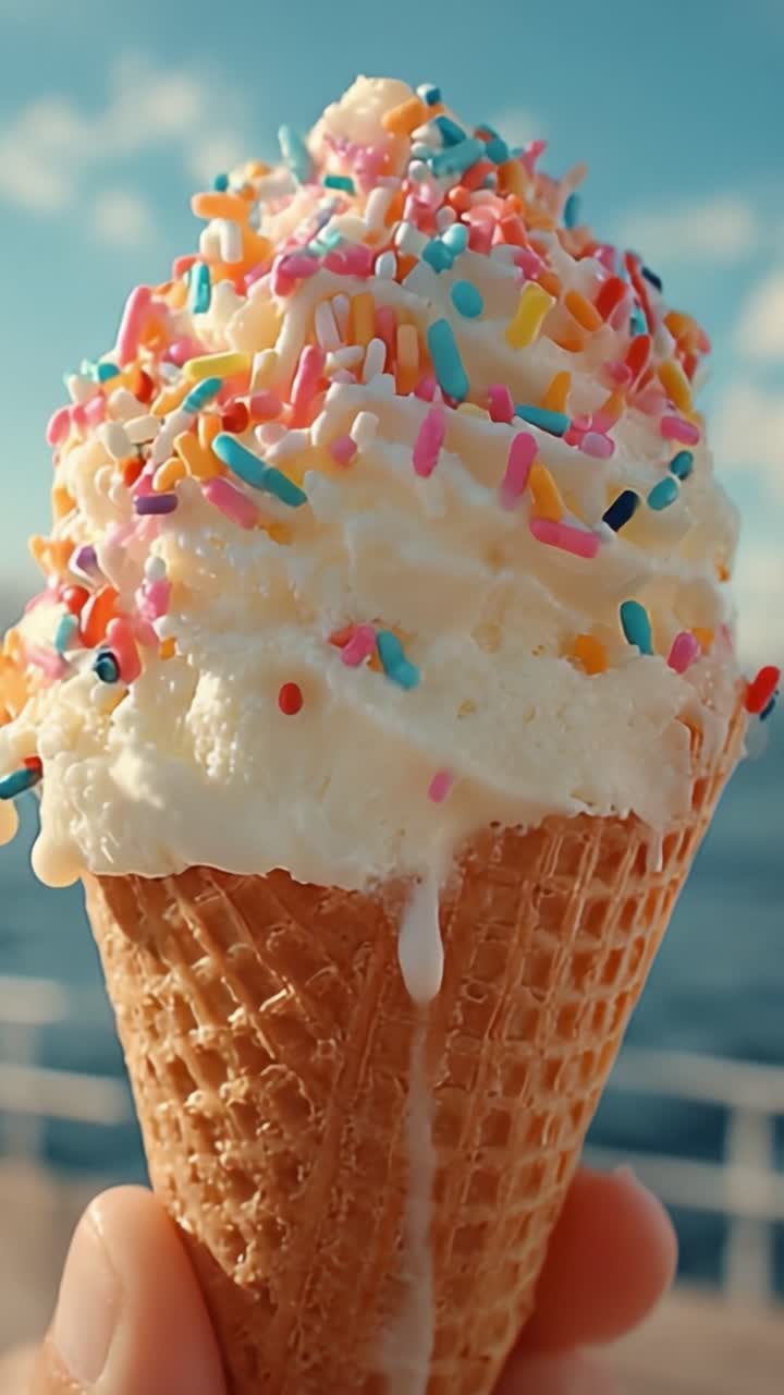 Delizioso e colorato cono gelato con codette catturato in due fotogrammi, che mostra un gustoso dessert contro uno sfondo esterno luminoso.