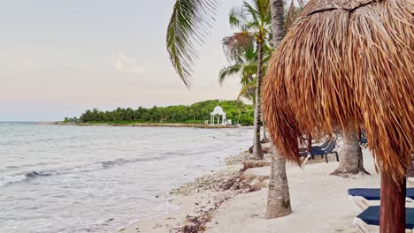 Sliding-left-view-of-TRS-Beach-Resort-in-Tulum-Mexico-showing-the-cabanas-with-tables,-lounge-chairs-and-palm-trees