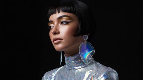 a captivating portrait of a model adorned with bold makeup and shimmering accessories against a dark background, highlighting modern fashion aesthetics