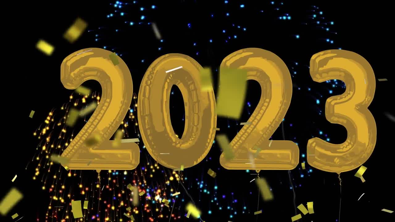 Animazione di palloncini 2023, fuochi d'artificio e coriandoli che cadono su sfondo nero