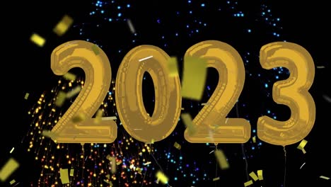 animación de globos de 2023, fuegos artificiales y confeti cayendo sobre un fondo negro