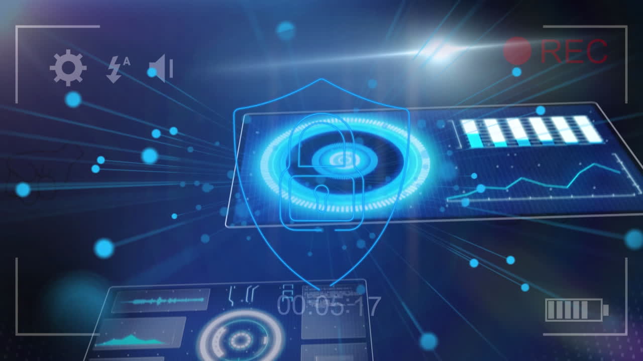 Animation of interface with data processing over seucity padlock icon against blue background