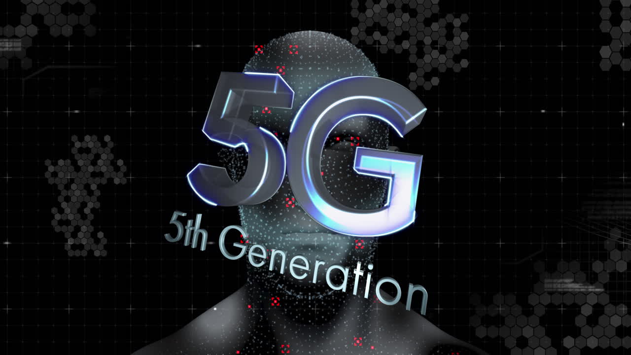 animación de texto 5g sobre formas y humano digital sobre fondo negro
